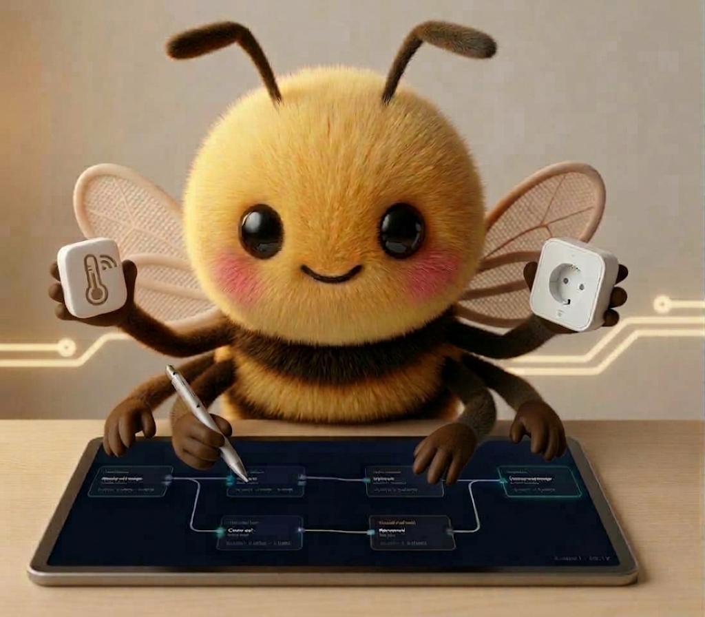 Mascota espzbee orquestando automatizaciones en tablet con sensores y enchufes